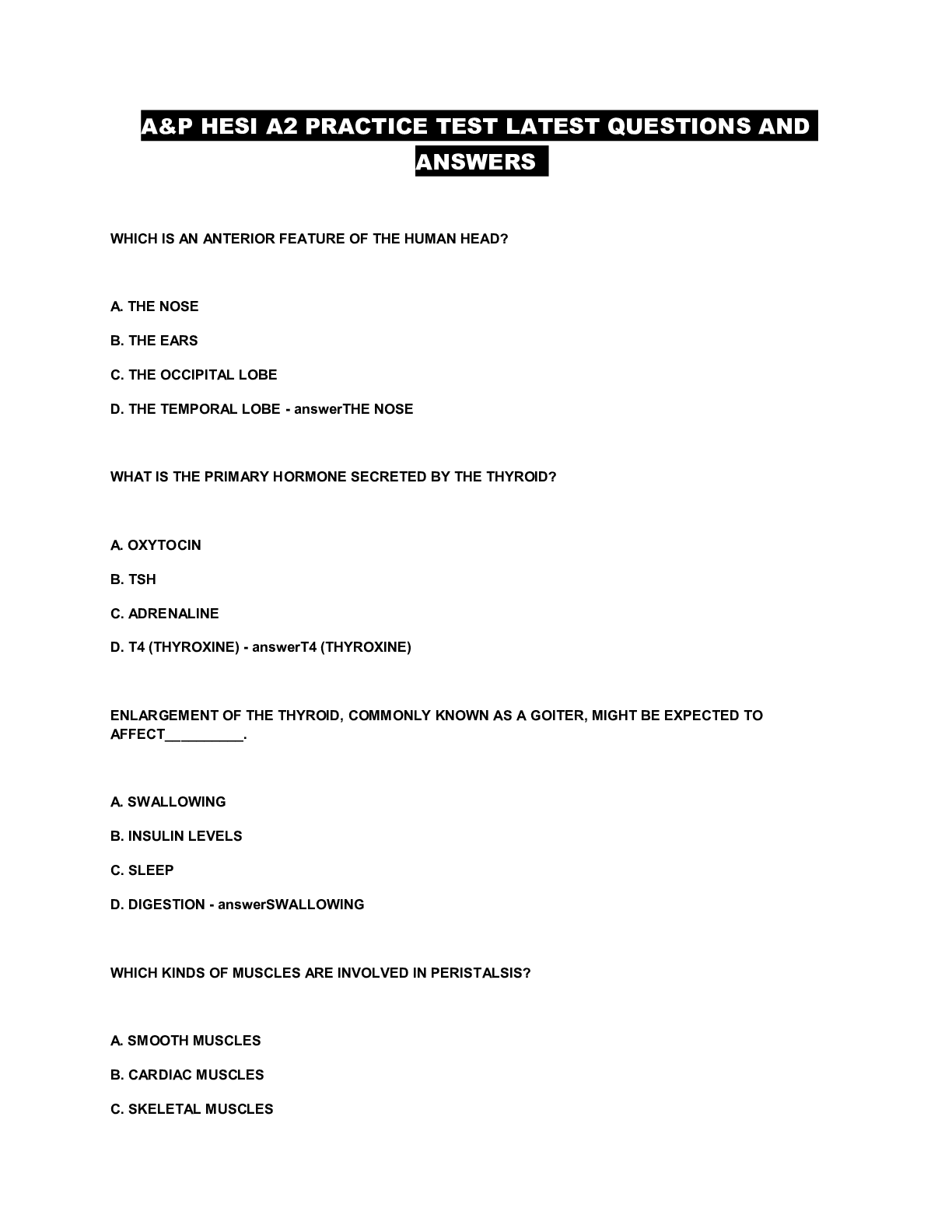 Preview of A&P HESI A2 PRACTICE TEST LATEST QUESTIONS AND ANSWERS